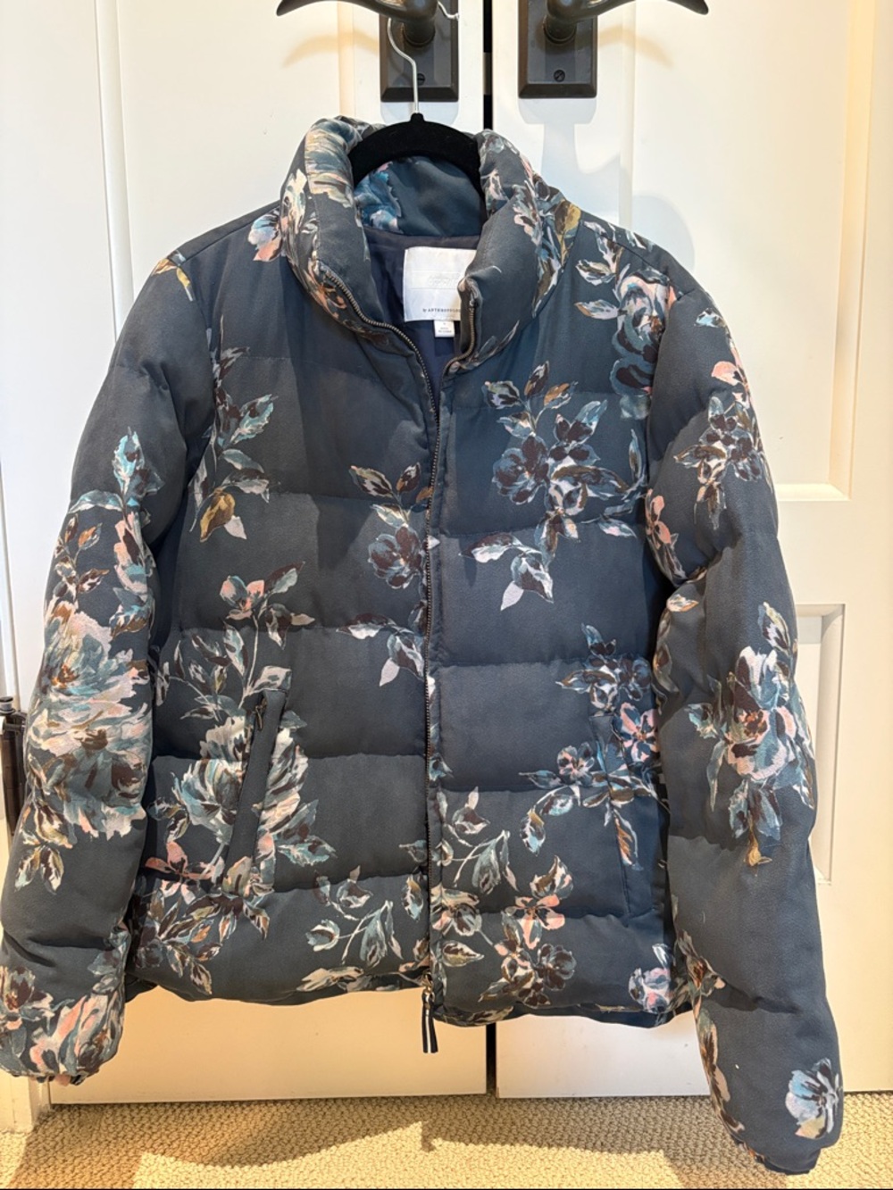 Anthropologie Floral Puffer Jacket - Slate Blue with Pink & Cream Accents